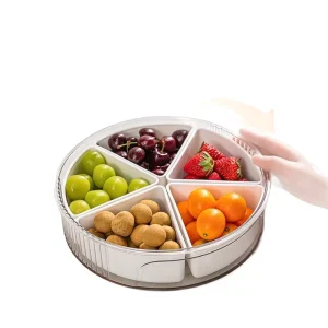Portable Spinning Round Divided Serving Tray with Lid Handle Snack Fruits Candy Box Container for Kitchen Party Travel Picnic