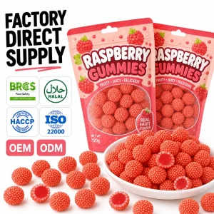 Private Label Raspberry Gummy Candy Sour Sweet Fruit Flavor Soft Halal Factory Custom OEM Bulk Display