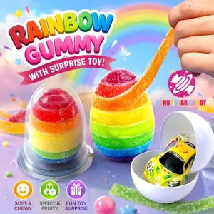 Rainbow Fruit Gummy Candy with Surprise Toy Egg Sweet Chewy Gummy Snacks for Kids OEM Custom