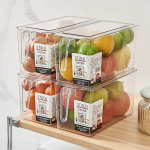 Refrigerator Storage Bins with Handles Transparent Stackable Eco Friendly BPA Free Dishwasher Safe Containers for Fruits Veggies