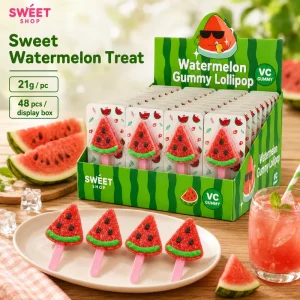Retail Ready Display Box 48 Pcs Watermelon Gummy Candy Lollipop Fruit Flavor Chewy Sweets