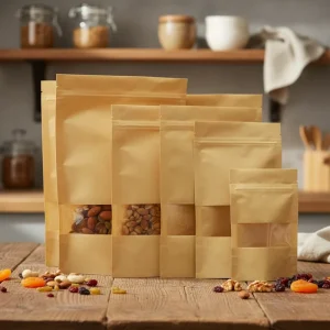 Small MOQ Thickened Colorful Kraft Paper Stand up Bag with Window for Tea Dried Fruit Nuts Snacks Resealable Sealed