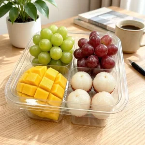Square Clear PET 4 Compartment Container with Lids Food Safe Disposable Divided Fresh Cut Packaging Box Café To Go Box