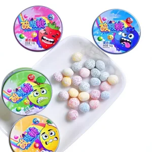 Super Sour Fruity Hard Candy with Filling Strawberry Orange Flavors Multi Colored Ball Shape Box