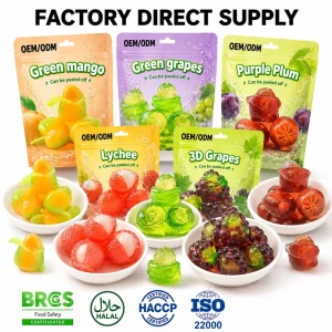 TIK TOK Viral Peeled Mango Lychee Gummies Halal Soft 3D Center Filled Jam Fruit Candy Producer Direct Factory Bulk Price
