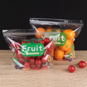 Transparent Fruit Vegetable Preservation Zipper Self Seal Stand up Pouch Custom Square Bottom Plastic Bag for Packaging Handles