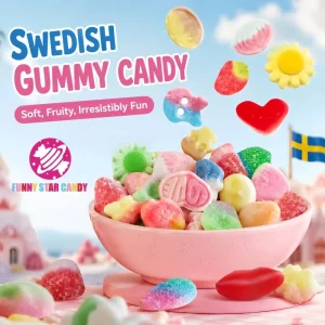 Vegan Halal Sour Swedish Gummy Candy Bulk Fruity Flavored Soft Chewy Taffy Gummies OEM Custom Packaging