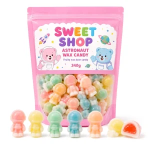 Wax Candy 3D Astronaut Shape Liquid Jam Center Filled 340g Pouch Bagged Assorted Fruity Chewy Wax Bottle Sweets